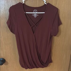 Maurices Burgundy Wrap Short Sleeve Blouse